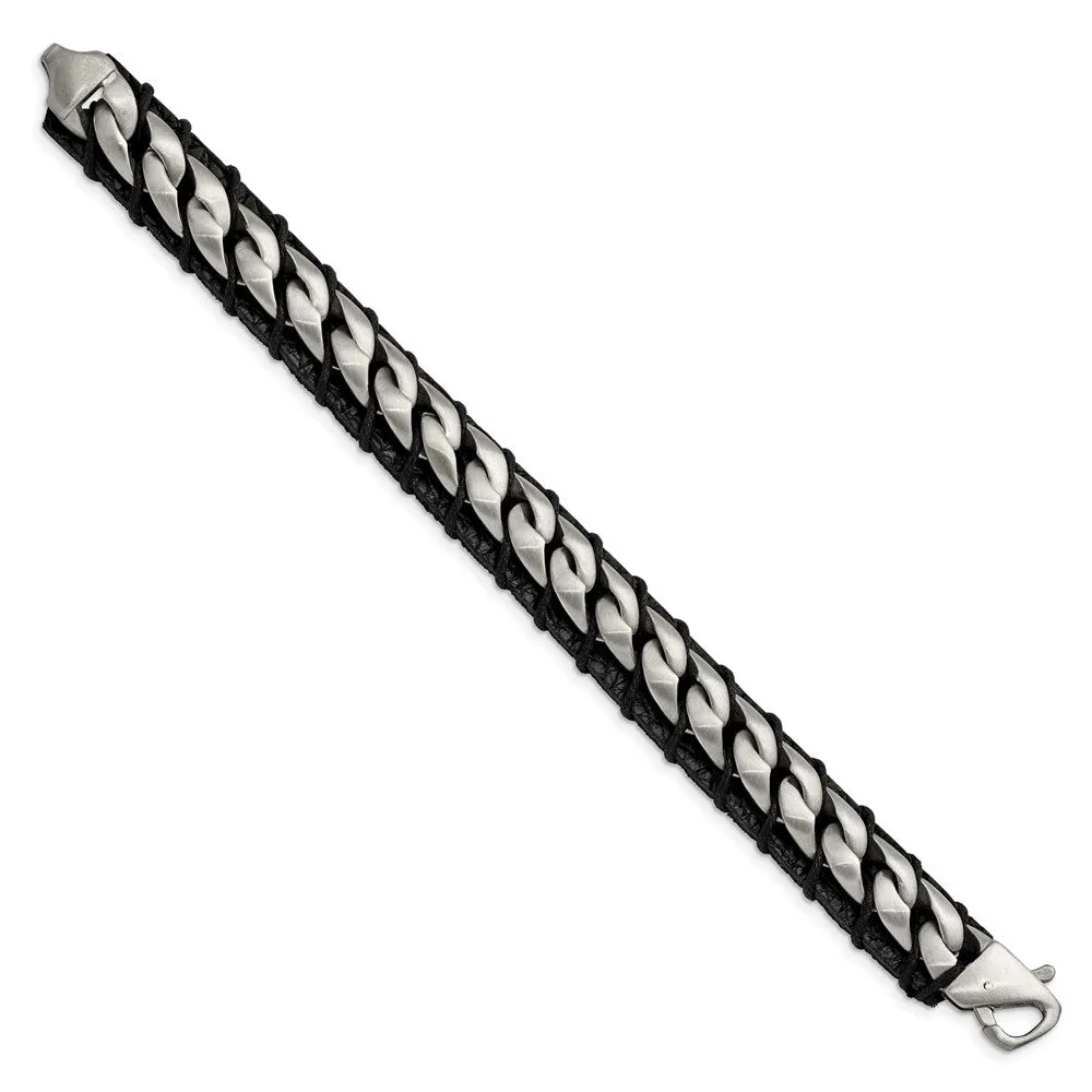 15mm Stainless Steel & Black Leather Brushed Curb Bracelet, 8.5 Inch