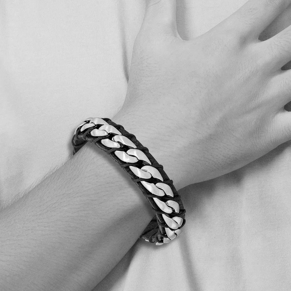 15mm Stainless Steel & Black Leather Brushed Curb Bracelet, 8.5 Inch