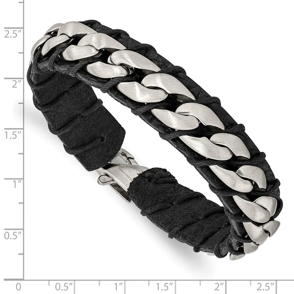 15mm Stainless Steel & Black Leather Brushed Curb Bracelet, 8.5 Inch