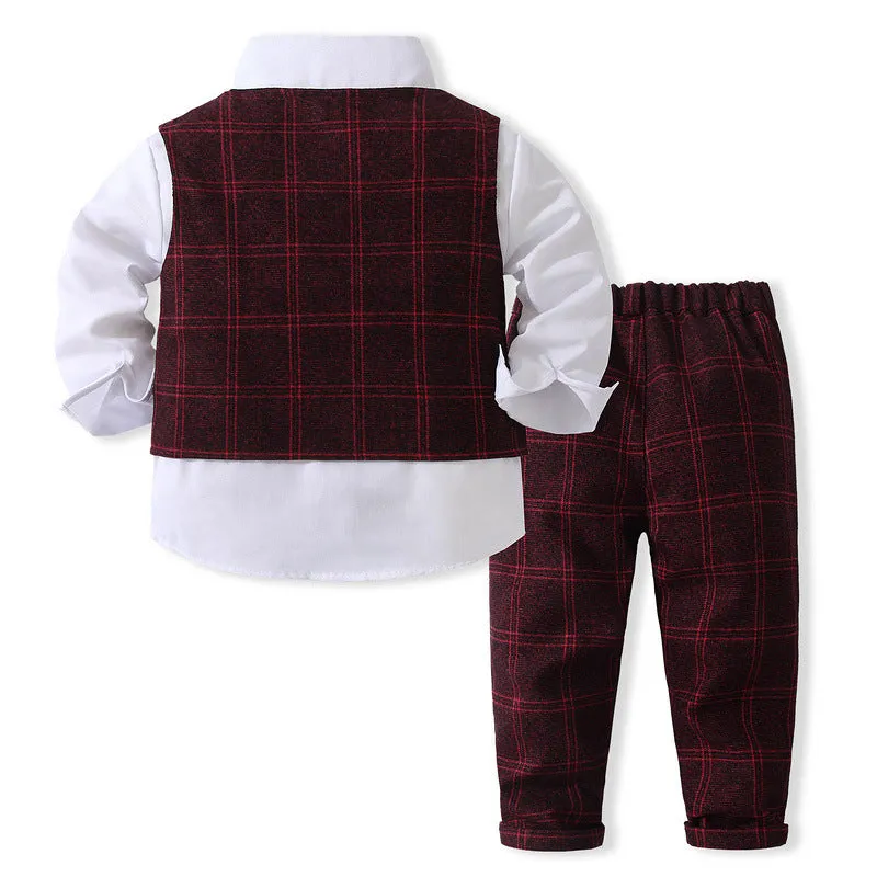 3 Pieces Set Baby Kid Boys Solid Color Shirts Checked Vests Waistcoats And Pants Wholesale 23082802