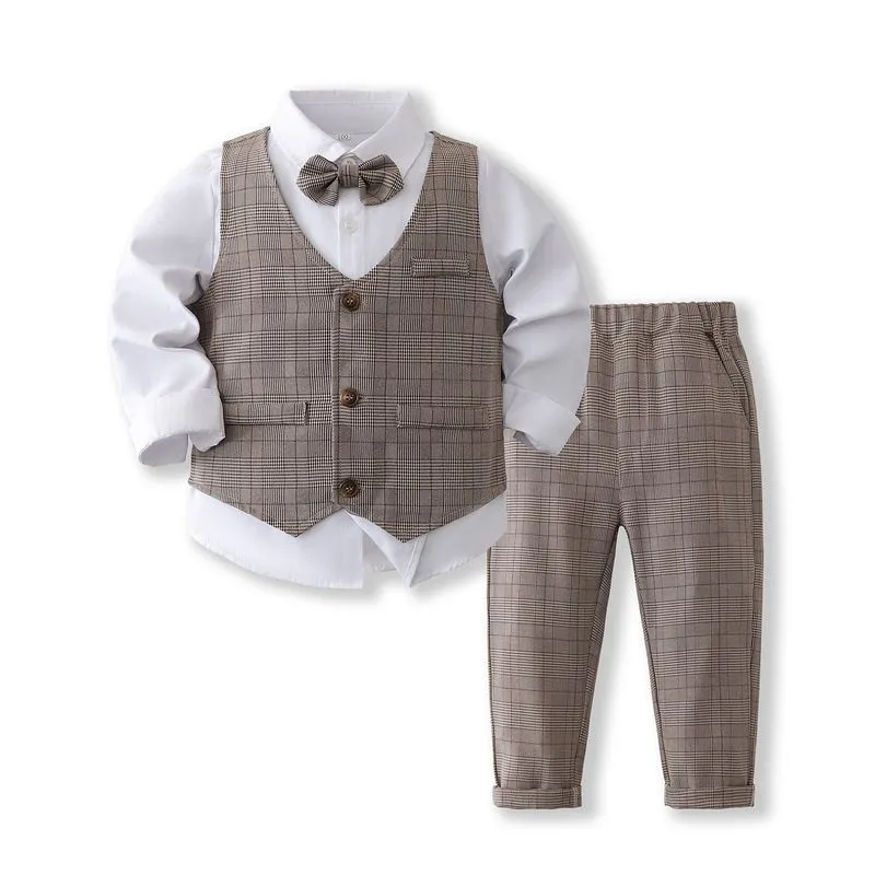 3 Pieces Set Baby Kid Boys Solid Color Shirts Checked Vests Waistcoats And Pants Wholesale 23082803