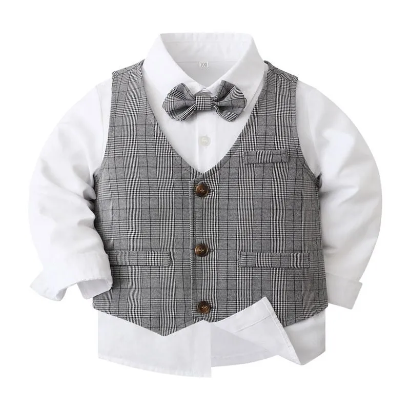 3 Pieces Set Baby Kid Boys Solid Color Shirts Checked Vests Waistcoats And Pants Wholesale 23082803