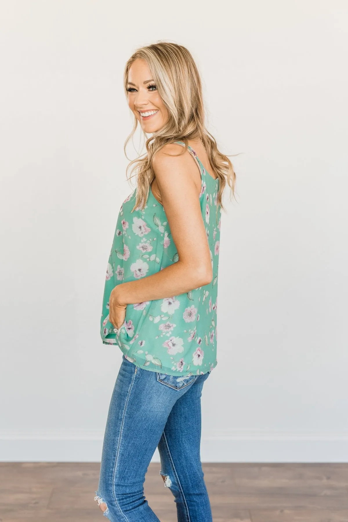 Always About You Floral Tank Top- Mint Blue