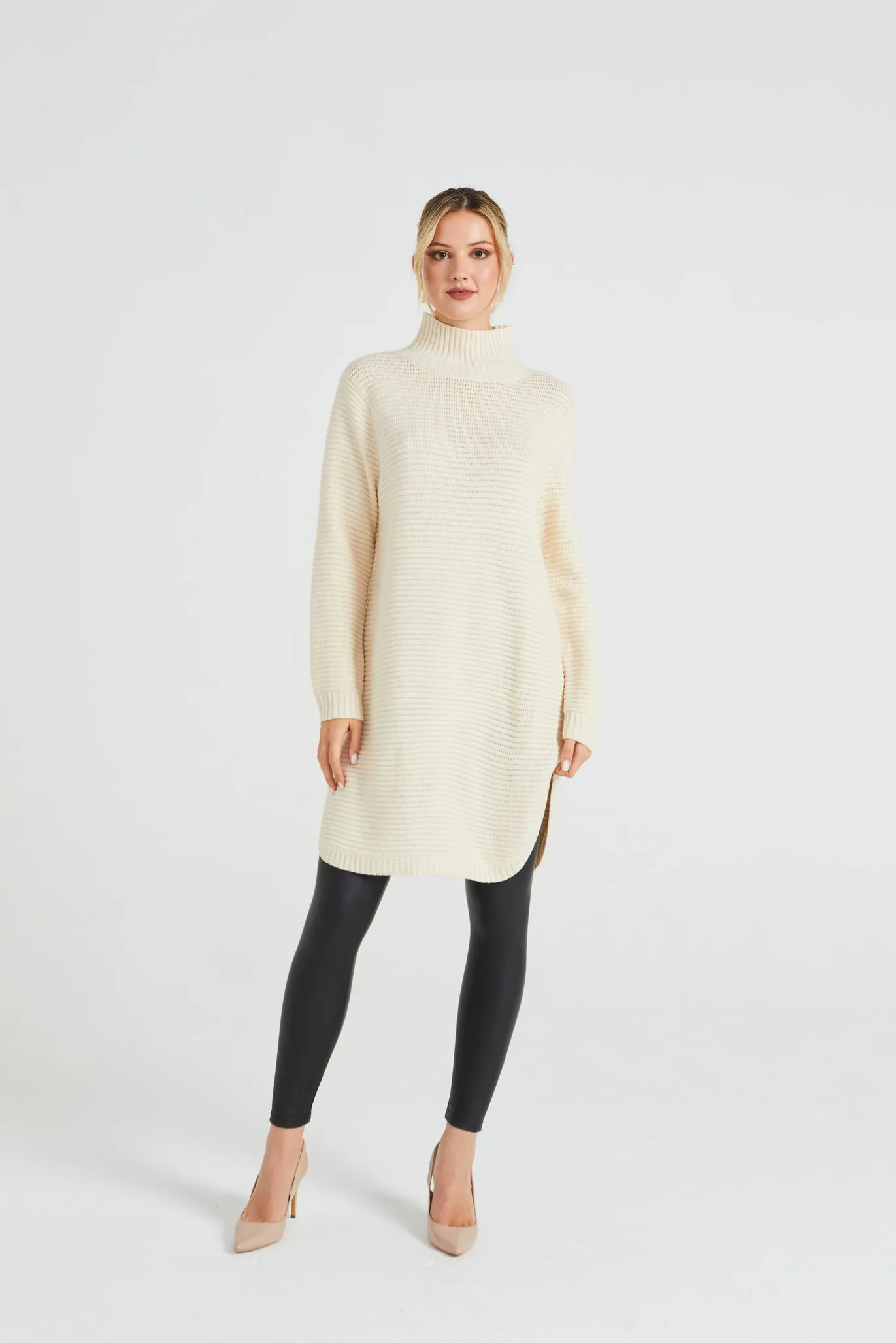 Angeleye High Neck Ribbed Knitted Tunic With Side Slits