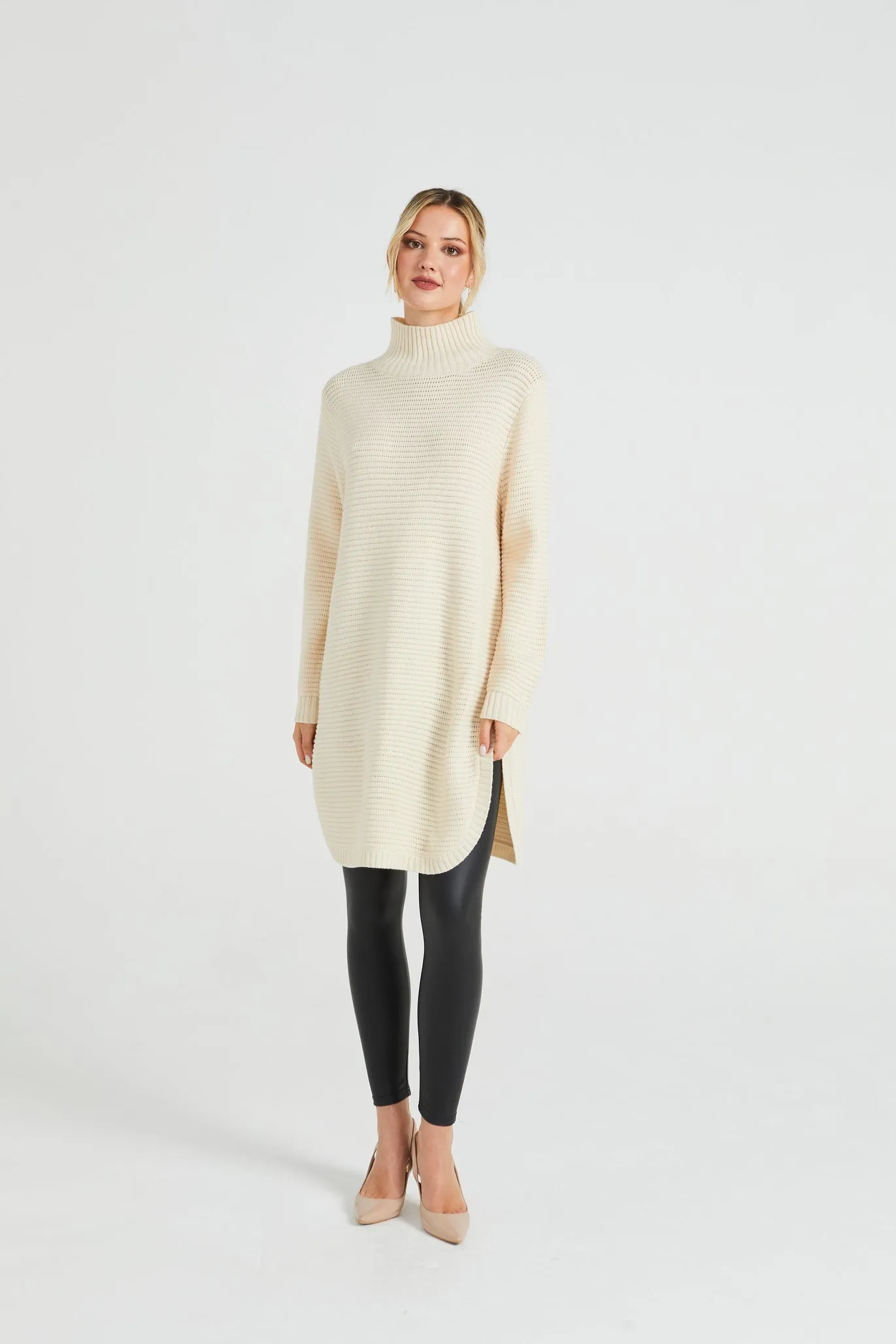 Angeleye High Neck Ribbed Knitted Tunic With Side Slits