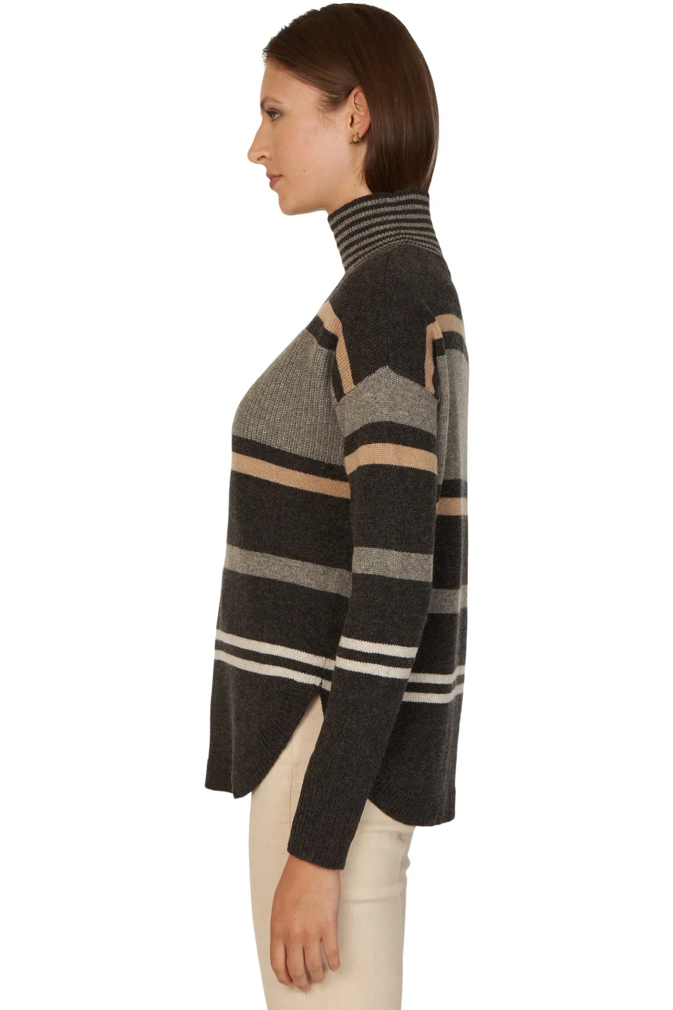 Autumn Cashmere Striped Mock w/ Shirttail in Pepper Combo