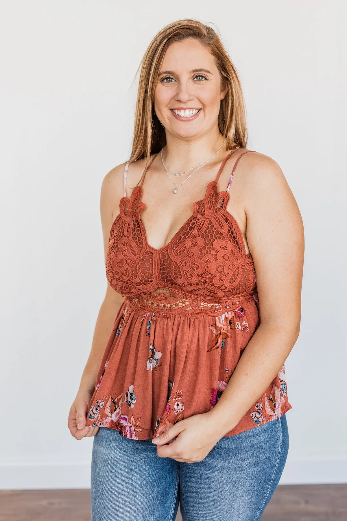 Autumn Delight Floral & Lace Tank Top- Dark Clay