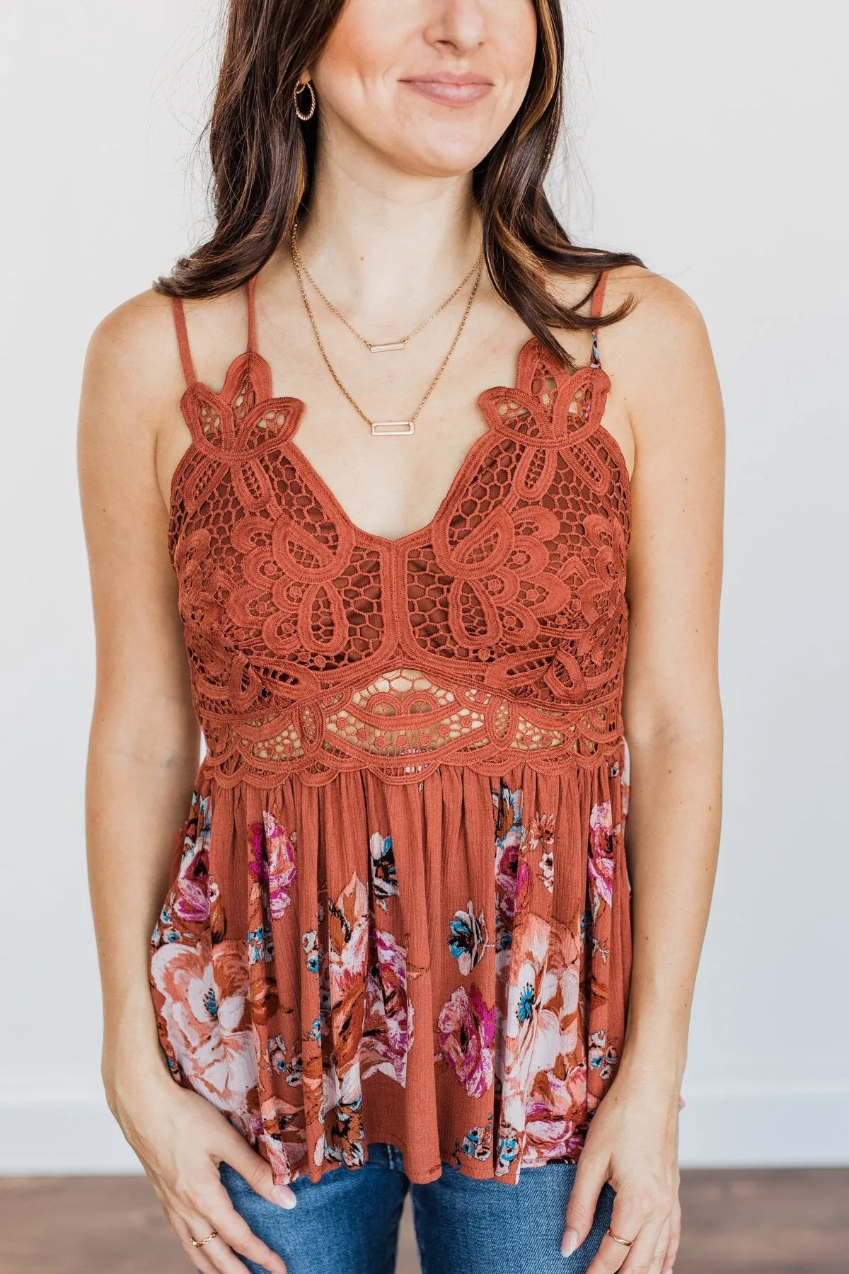 Autumn Delight Floral & Lace Tank Top- Dark Clay