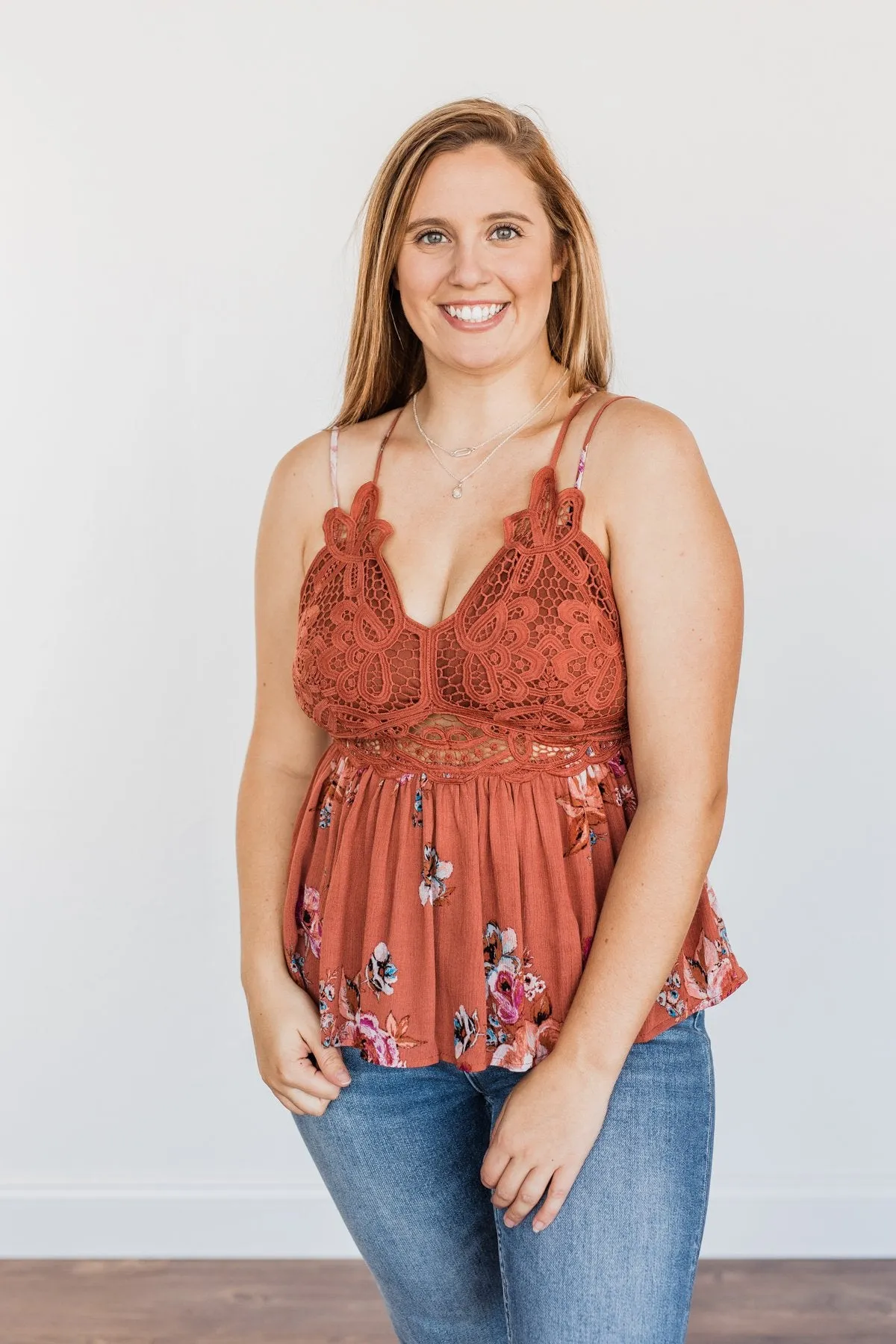 Autumn Delight Floral & Lace Tank Top- Dark Clay