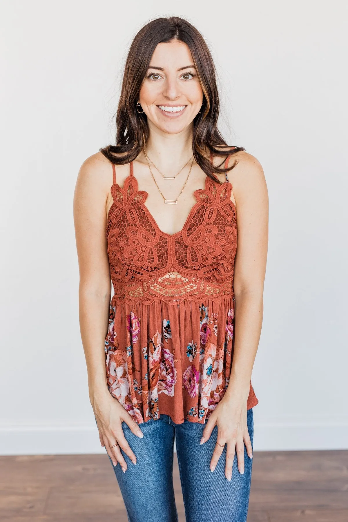 Autumn Delight Floral & Lace Tank Top- Dark Clay