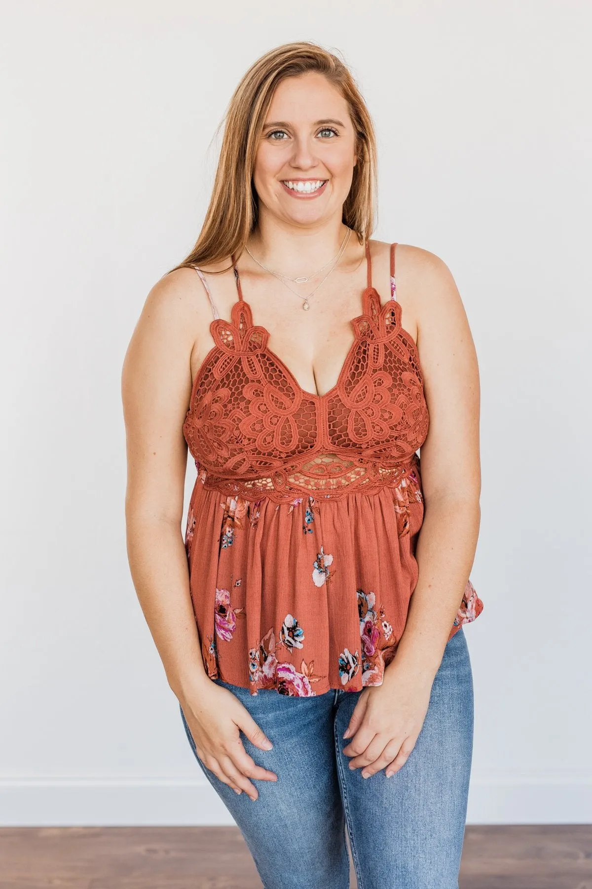 Autumn Delight Floral & Lace Tank Top- Dark Clay