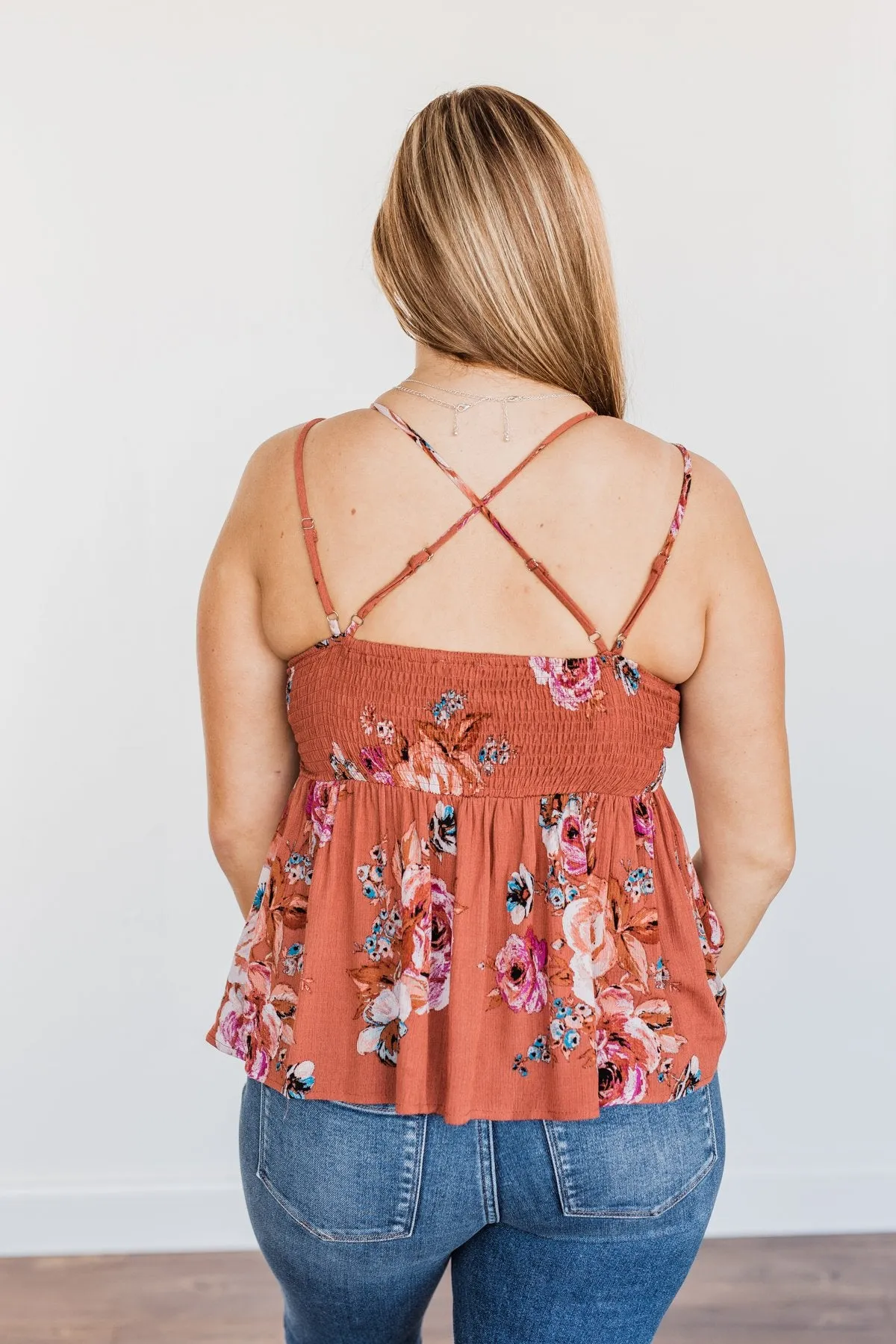 Autumn Delight Floral & Lace Tank Top- Dark Clay