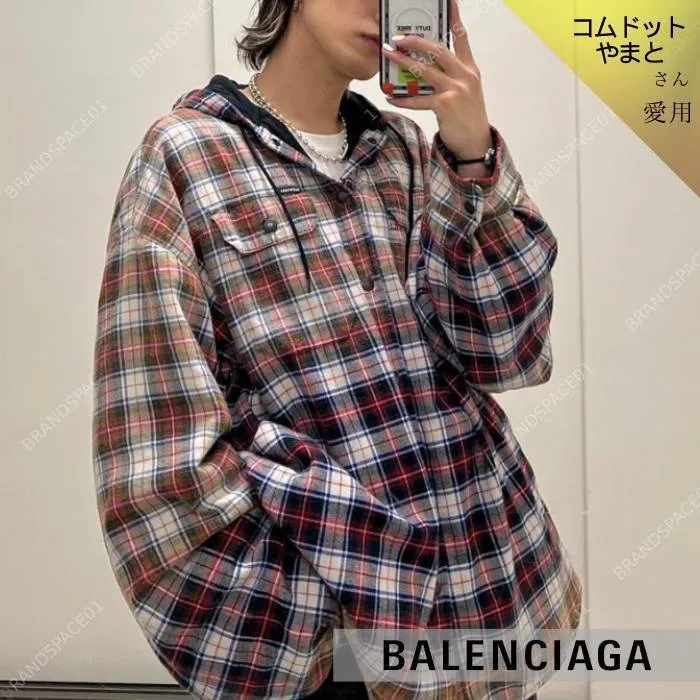 BALENCIAGA  |Button-down Gingham Unisex Street Style Long Sleeves Cotton