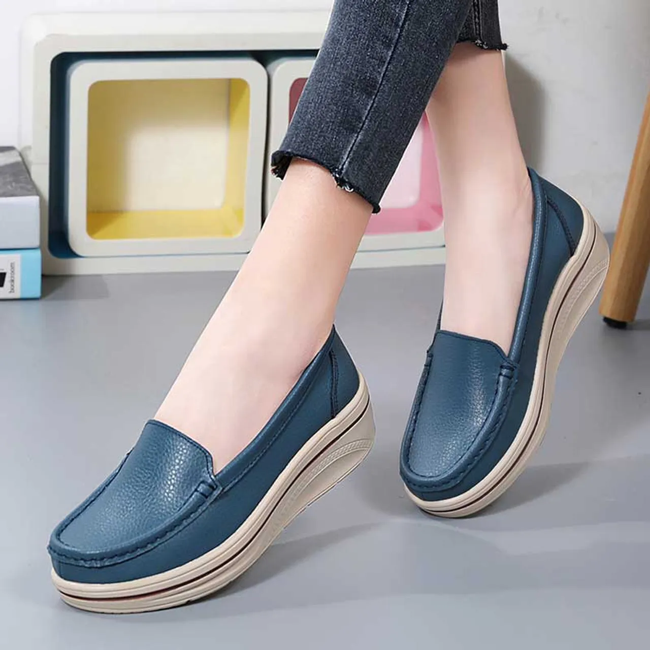 Blue plain casual slip on rocker bottom sneaker