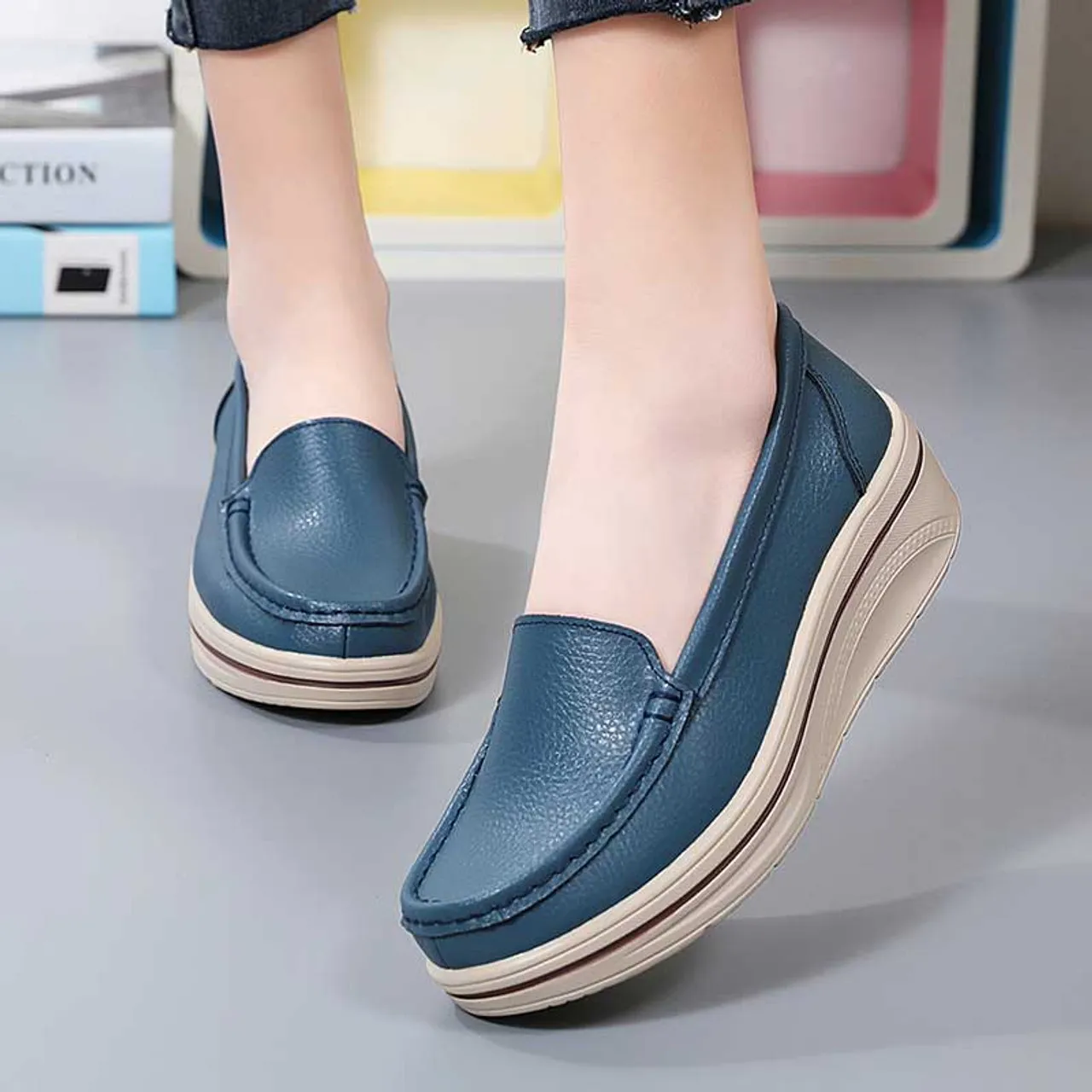 Blue plain casual slip on rocker bottom sneaker