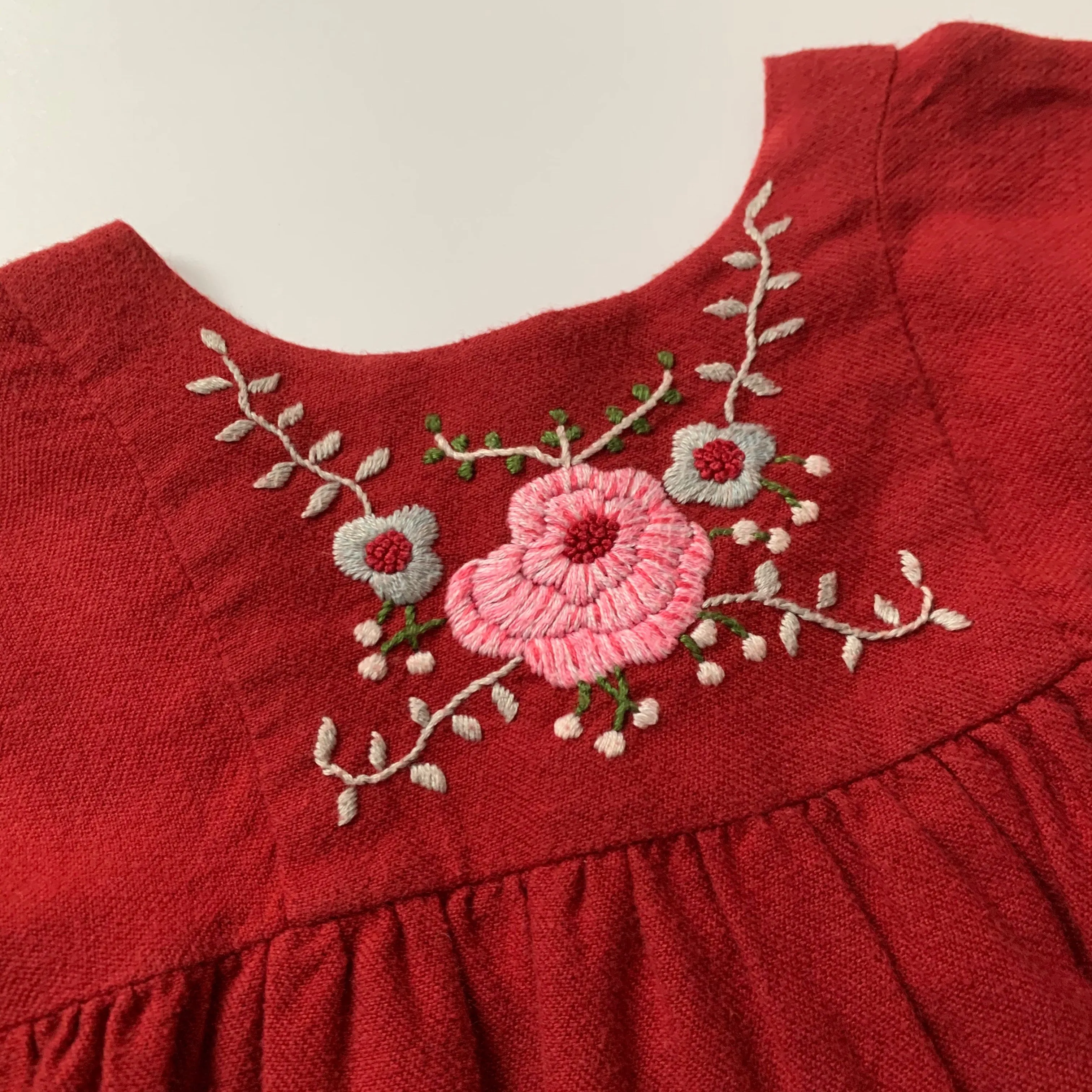 Bonpoint Maroon Wool Mix Dress With Embroidery: 2 Years