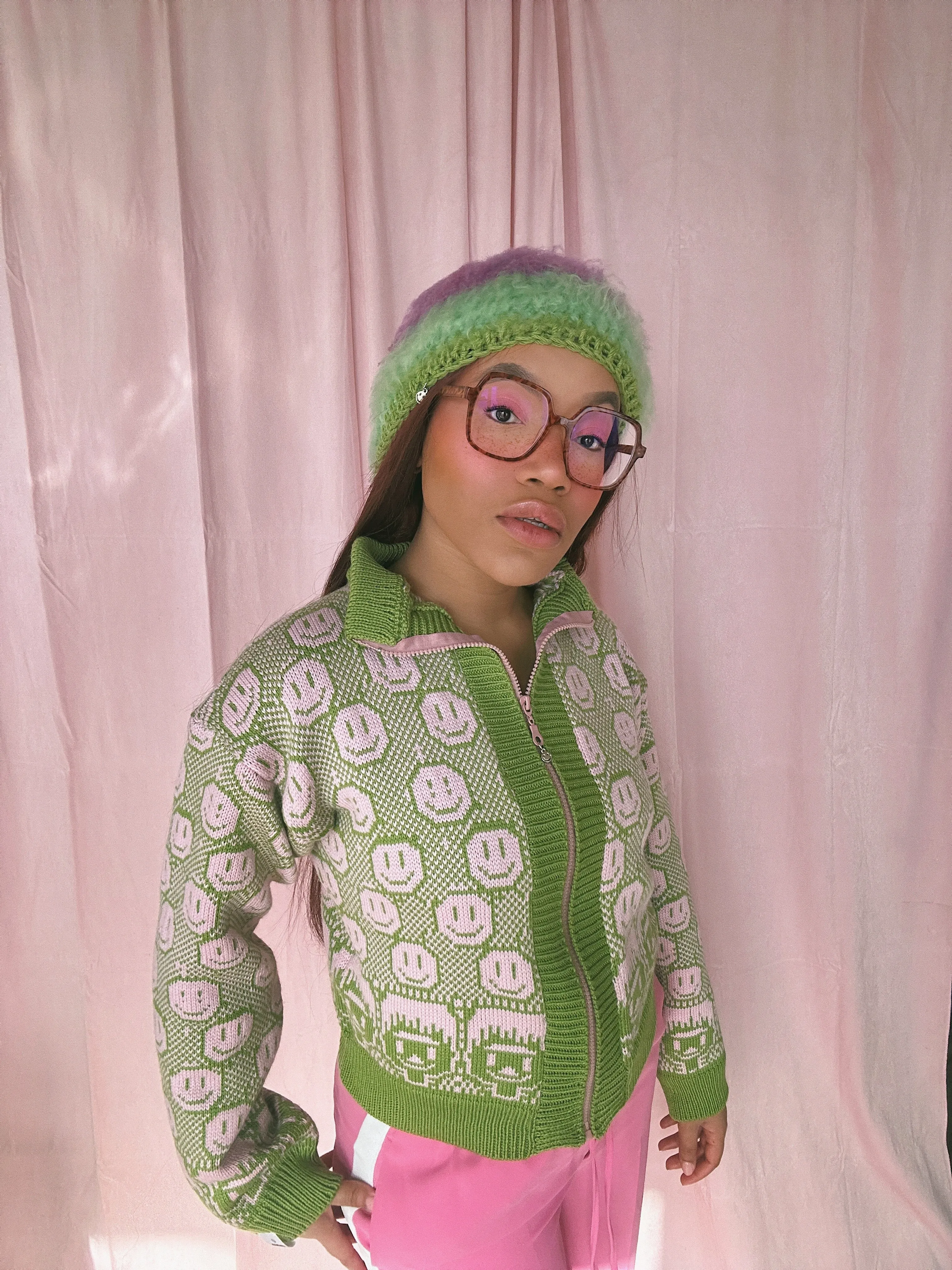 (Brand New) Susannah, Smiley and Friend Cardigan with Zipper: Green - MADE TO ORDER