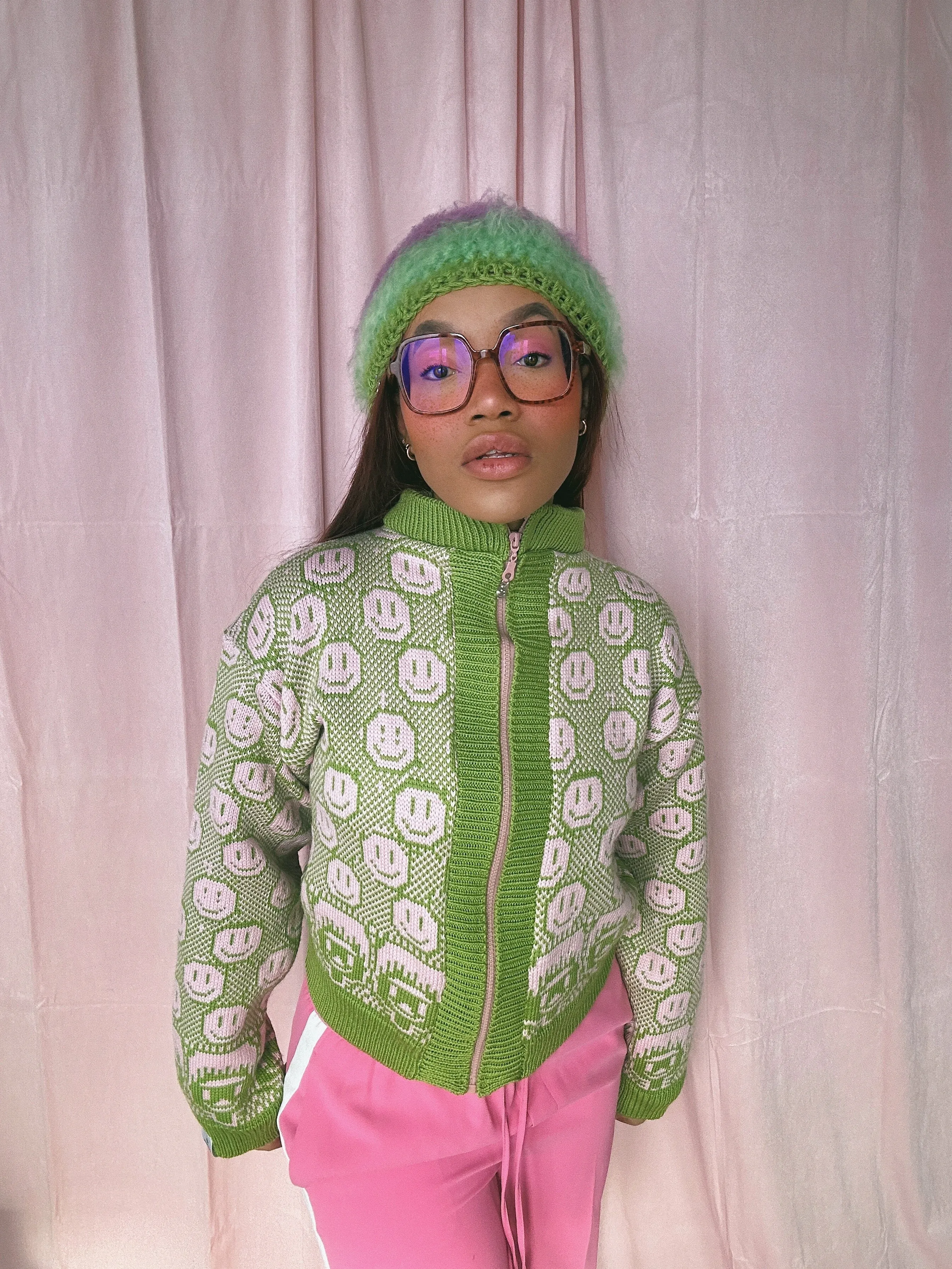 (Brand New) Susannah, Smiley and Friend Cardigan with Zipper: Green - MADE TO ORDER