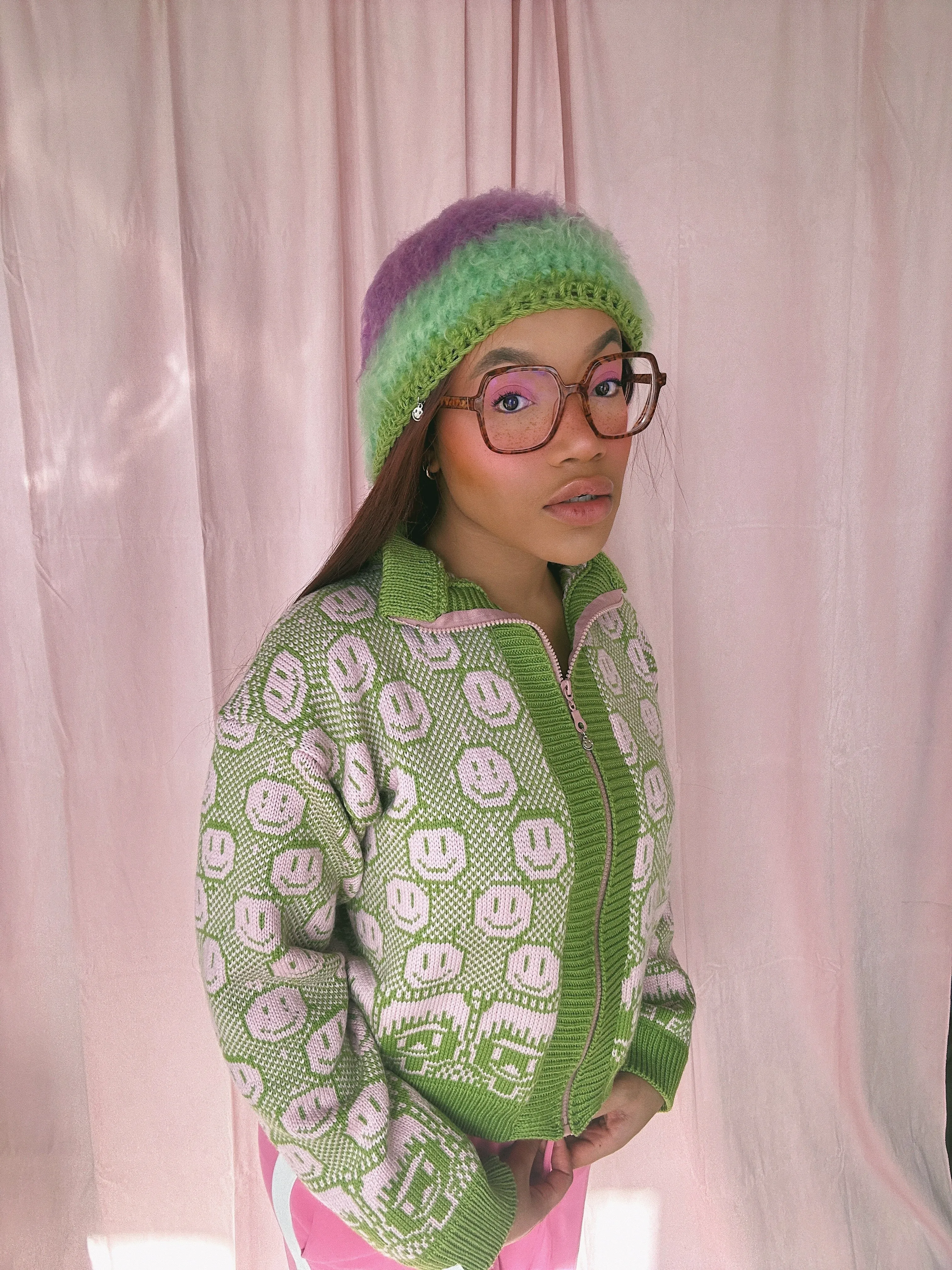 (Brand New) Susannah, Smiley and Friend Cardigan with Zipper: Green - MADE TO ORDER