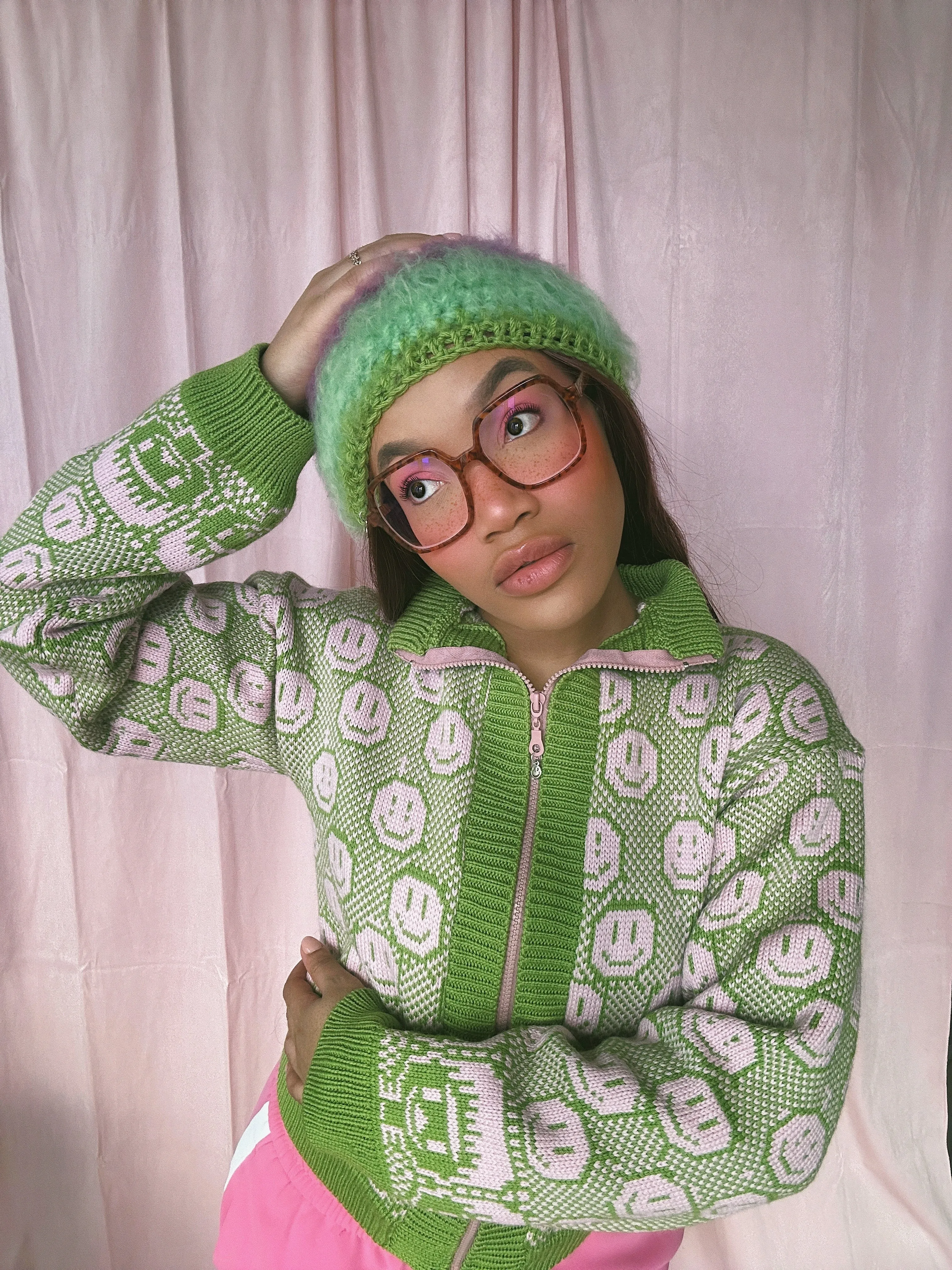 (Brand New) Susannah, Smiley and Friend Cardigan with Zipper: Green - MADE TO ORDER