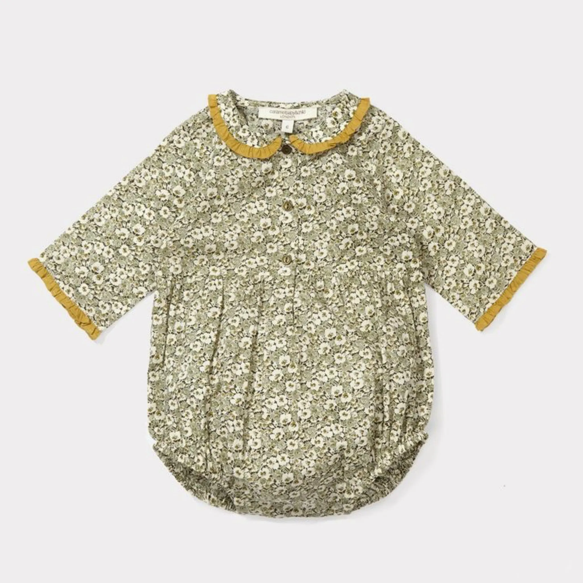 Caramel Liberty Print Baby Romper With Frilled Collar