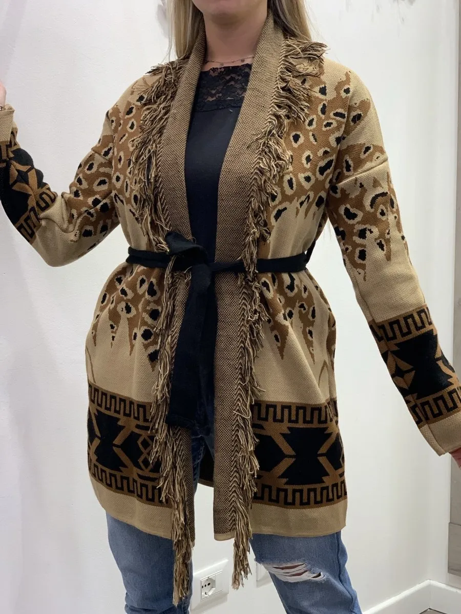 Cardigan marrone fantasia con frangette