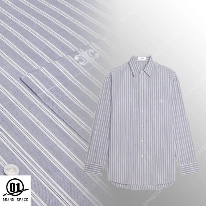 CELINE  |Button-down Stripes Unisex Street Style Long Sleeves Cotton