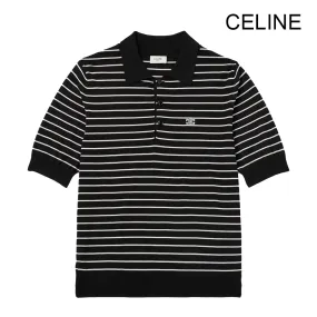 CELINE  |Pullovers Button-down Stripes Cotton Short Sleeves Polos