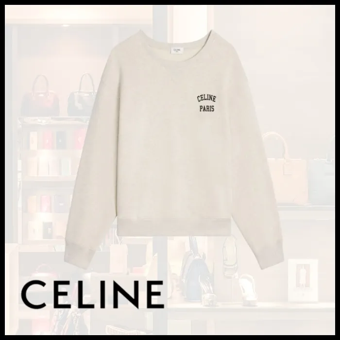 CELINE  |Unisex Street Style U-Neck Long Sleeves Plain Cotton Logo