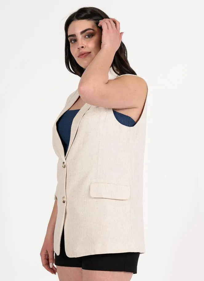 C'est Moi Linen Blend Relaxed One Button Blazer Vest In Natural