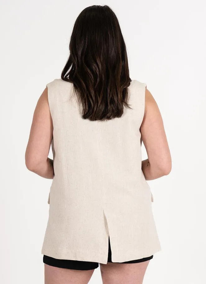 C'est Moi Linen Blend Relaxed One Button Blazer Vest In Natural