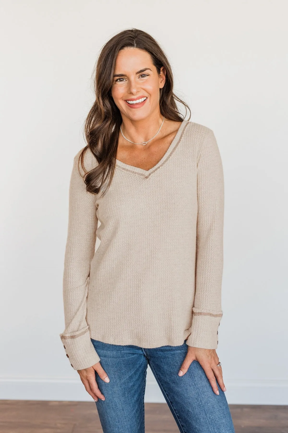 Cozy Up Waffle Knit Long Sleeve Top- Oatmeal