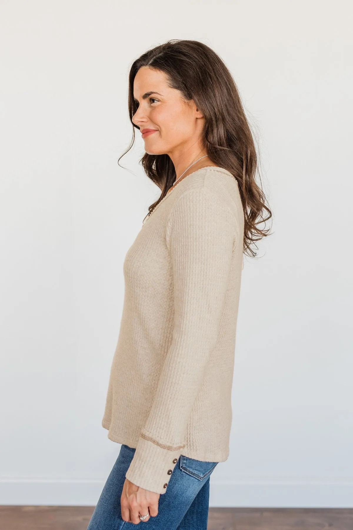 Cozy Up Waffle Knit Long Sleeve Top- Oatmeal