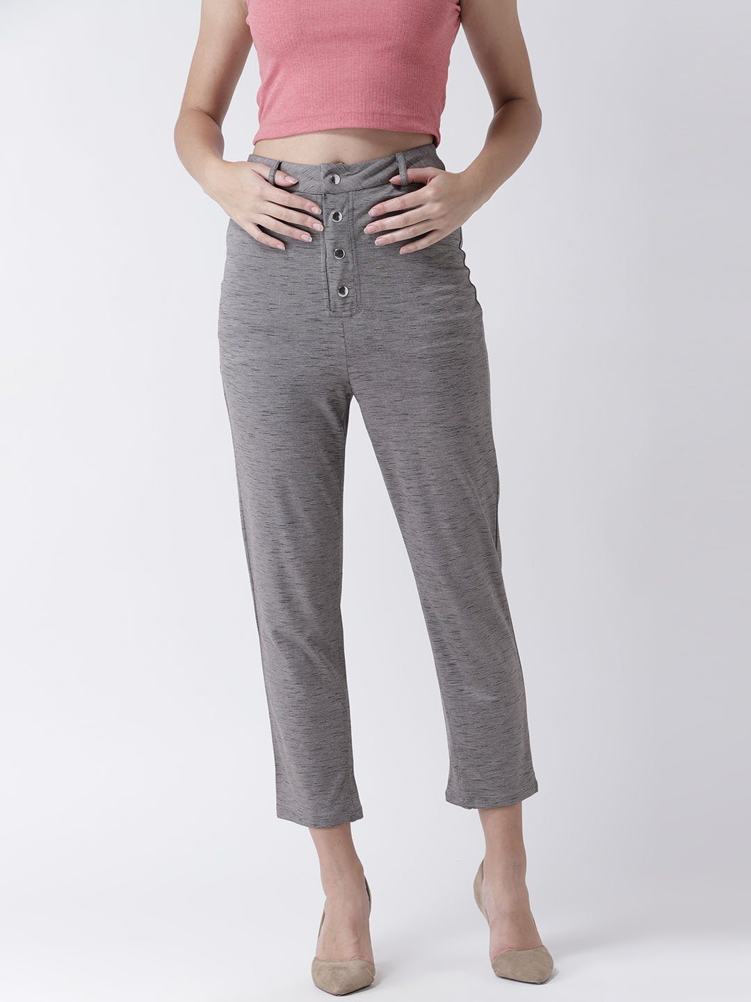 Dashed Grey High Waisted Trousers with Button detail