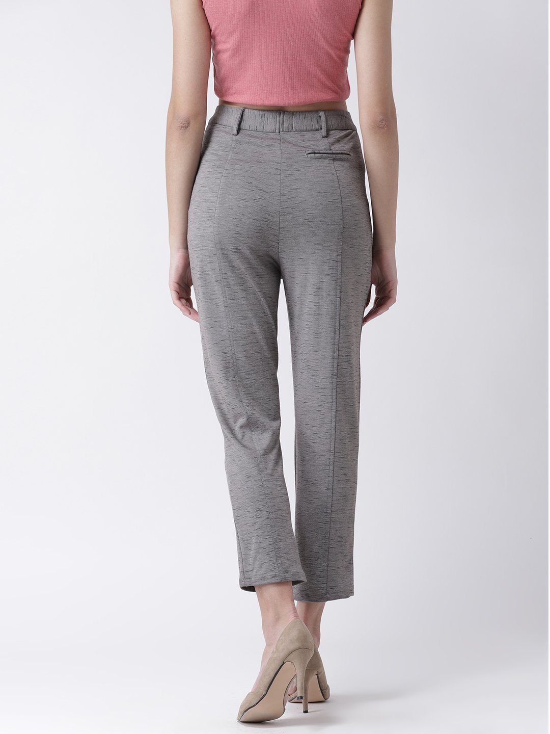 Dashed Grey High Waisted Trousers with Button detail