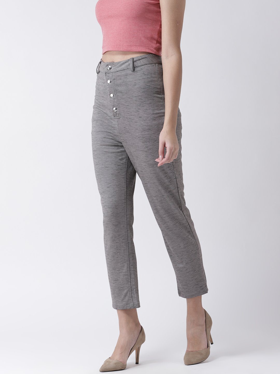 Dashed Grey High Waisted Trousers with Button detail