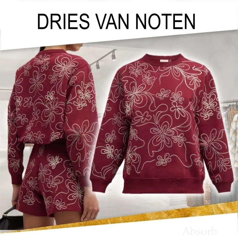 Dries Van Noten  |Crew Neck Flower Patterns Long Sleeves Cotton Oversized