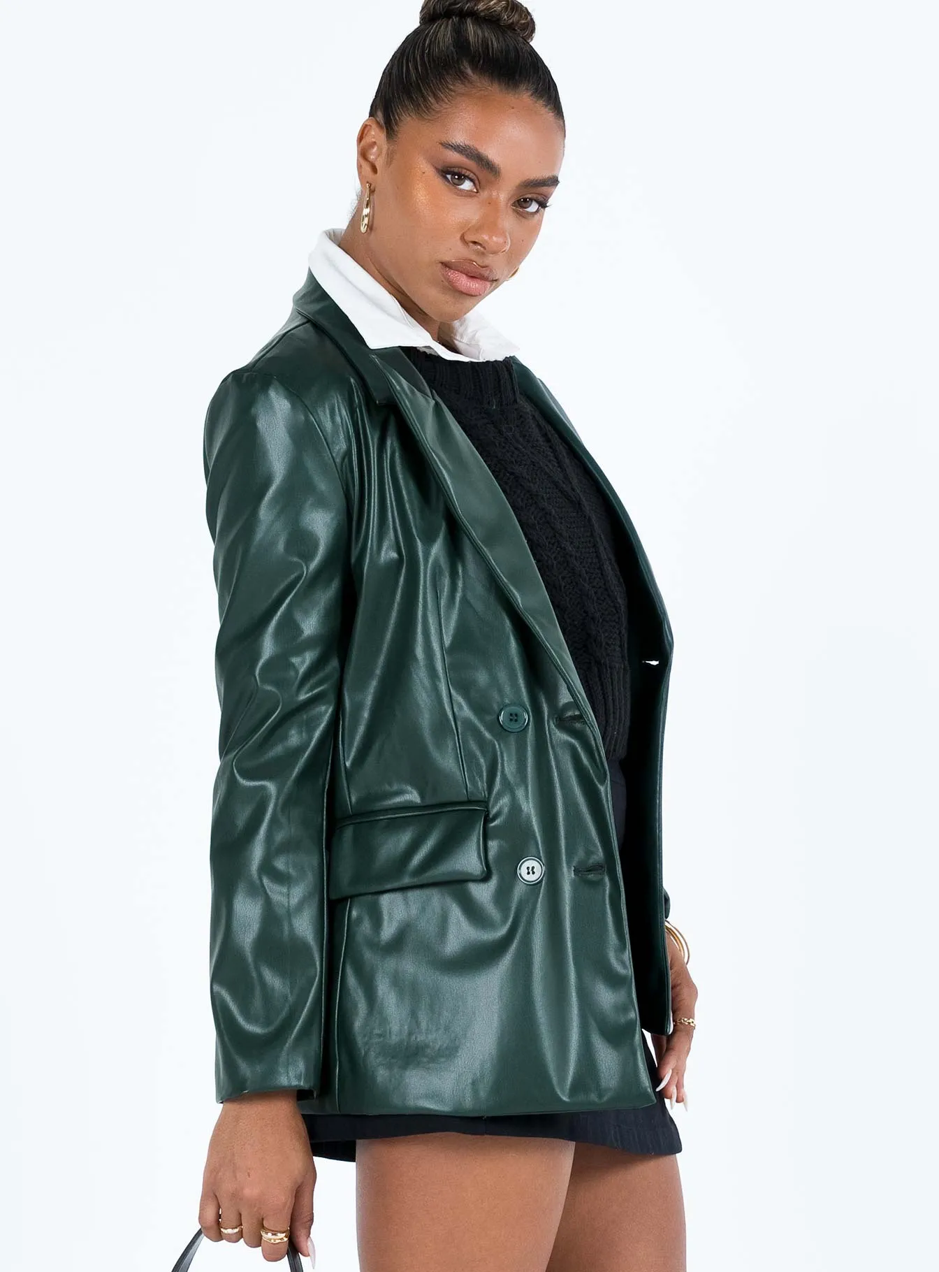 Ellen Faux Leather Blazer Forest Green