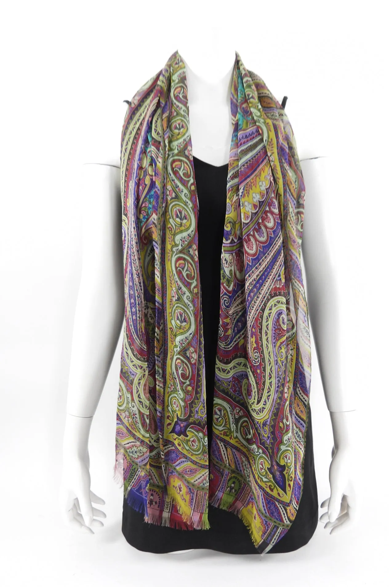 Etro Green Purple Paisley Silk Chiffon Scarf