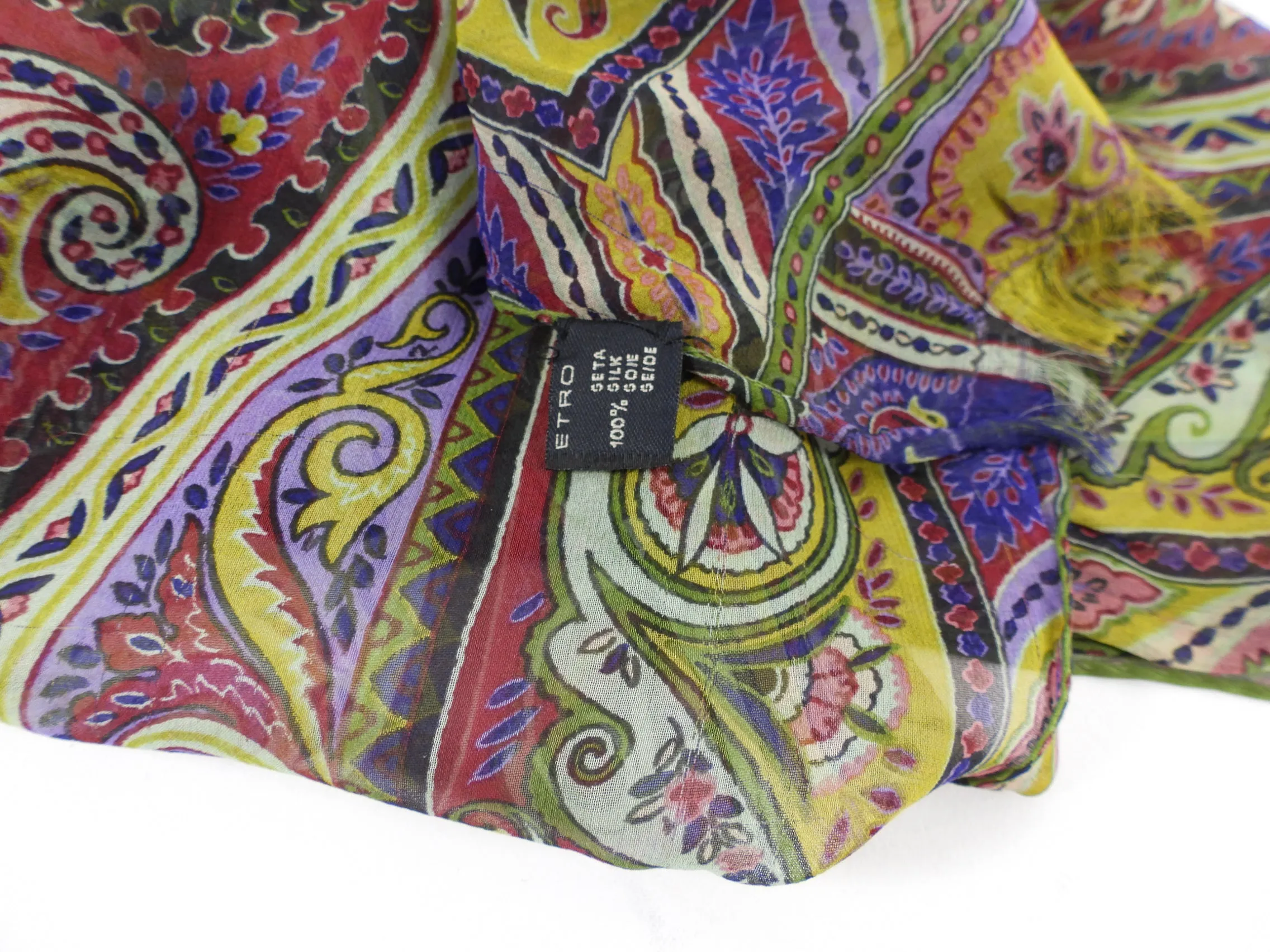 Etro Green Purple Paisley Silk Chiffon Scarf