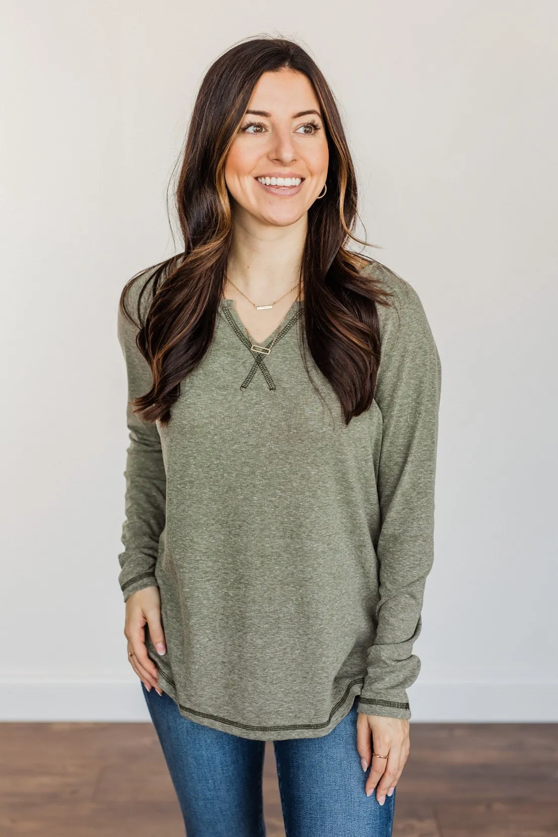 Fall Nights Long Sleeve Notch Top- Olive