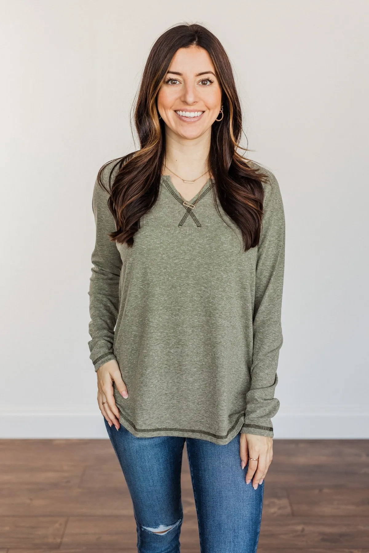 Fall Nights Long Sleeve Notch Top- Olive