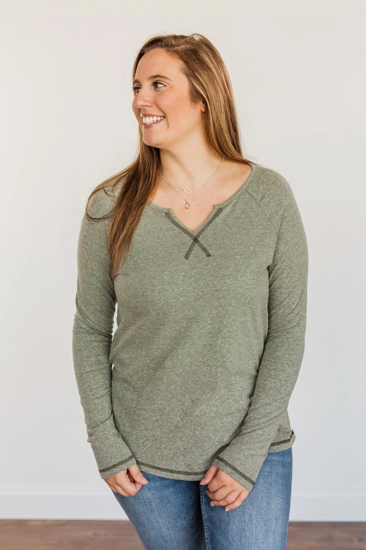 Fall Nights Long Sleeve Notch Top- Olive