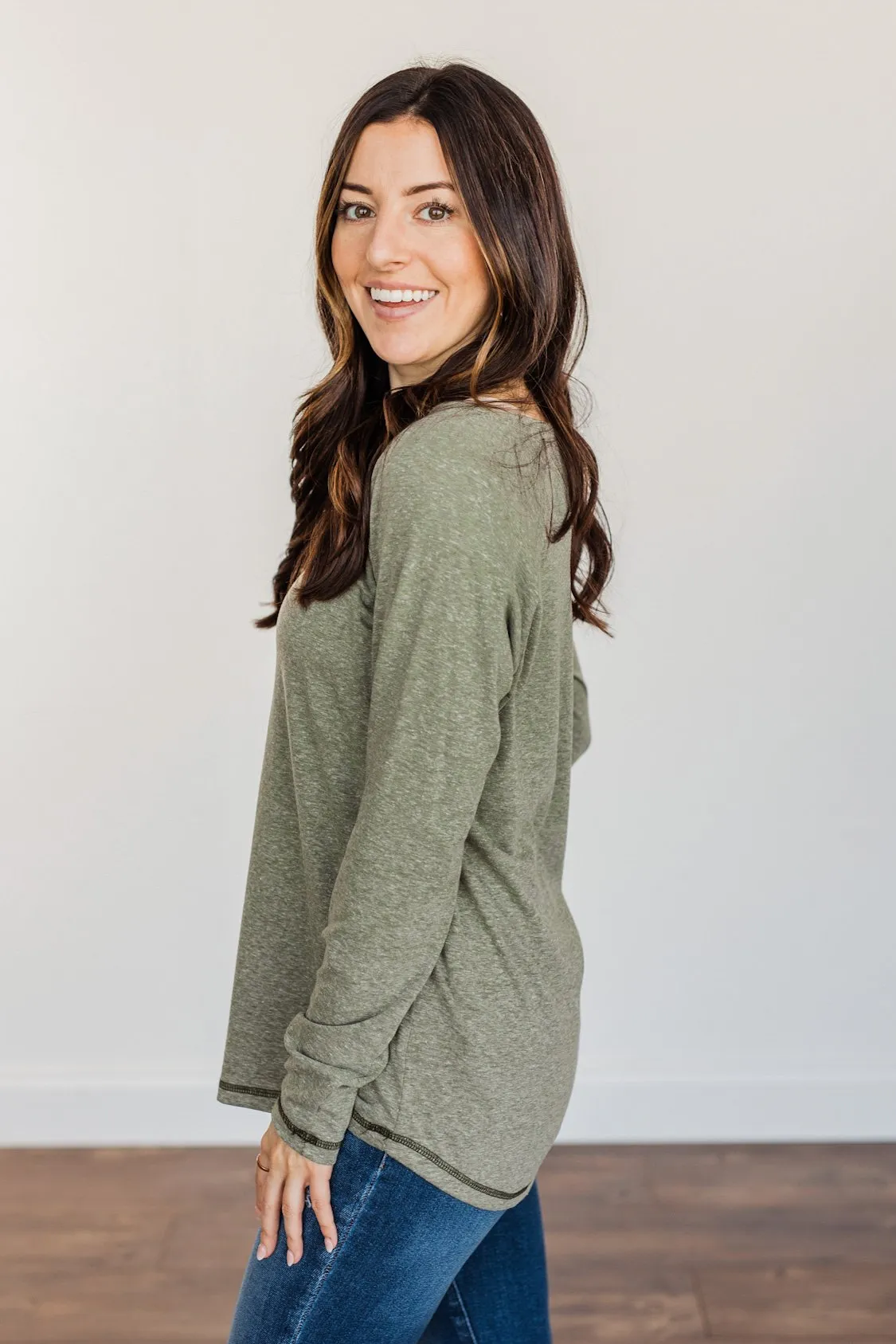 Fall Nights Long Sleeve Notch Top- Olive