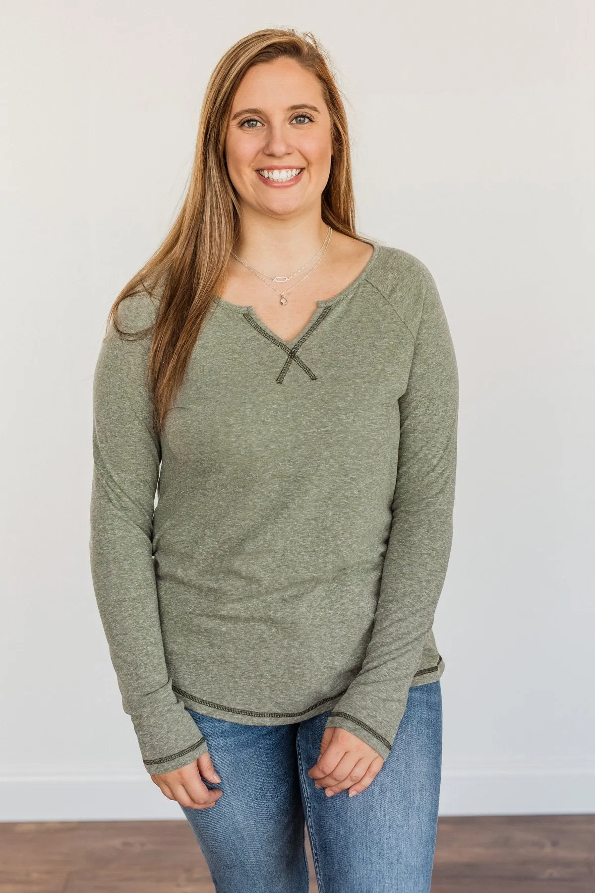 Fall Nights Long Sleeve Notch Top- Olive