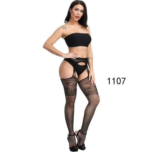 Feel Confident and Sexy with our Women's Bodysuit Lingerie Costume featuring Garter Belt and Fishnet Stockings