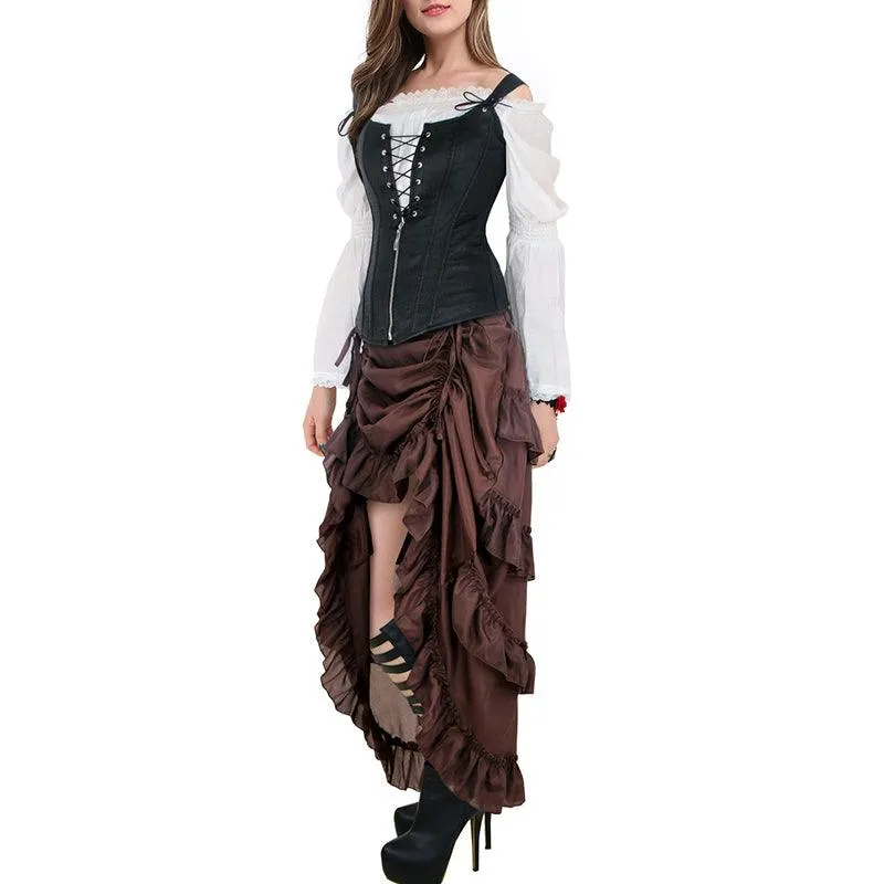 Get Gothic Glam with our Victorian Steampunk Midi Skirt - Sexy High-Low Ruffles and Vintage Flair