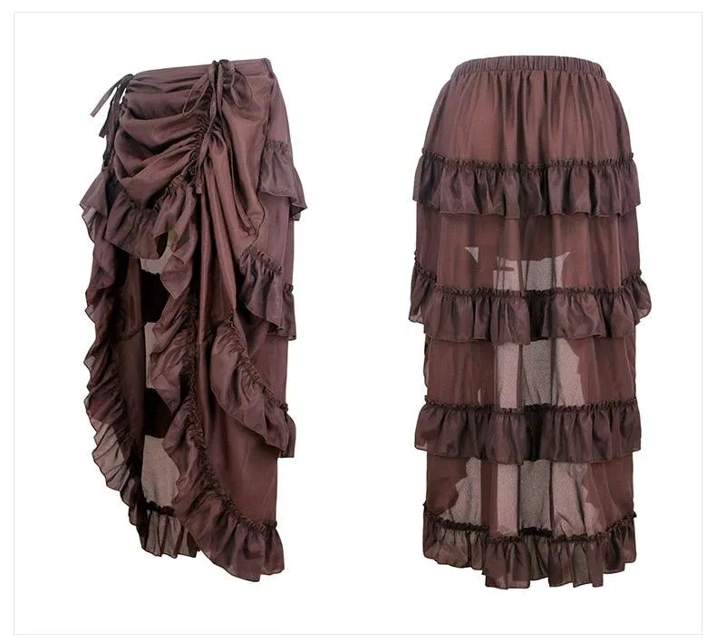 Get Gothic Glam with our Victorian Steampunk Midi Skirt - Sexy High-Low Ruffles and Vintage Flair