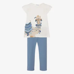 Girls Ivory & Blue Leggings Set