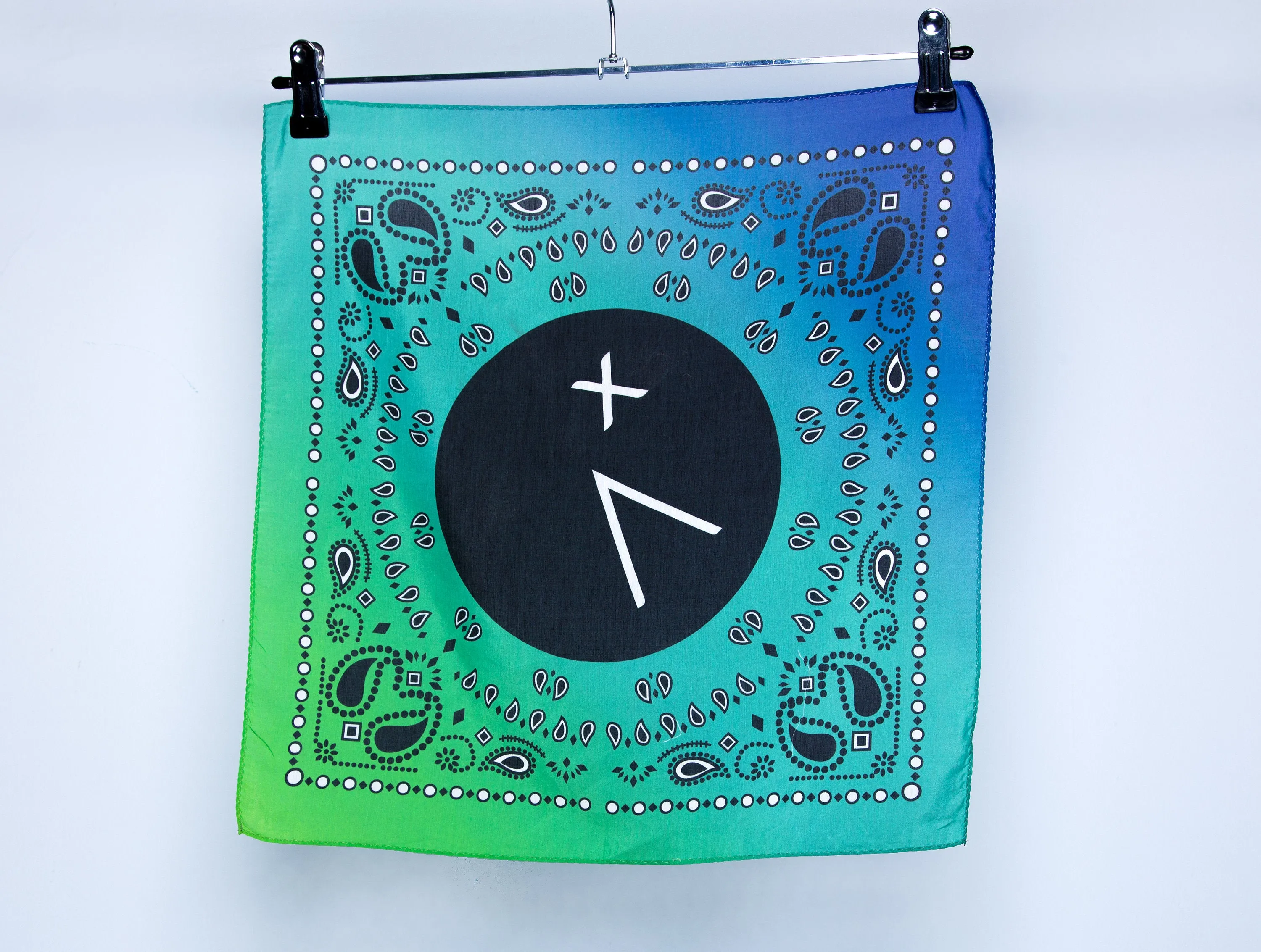 Gradient green blue turquoise cross face logo print cotton silk blend bandana